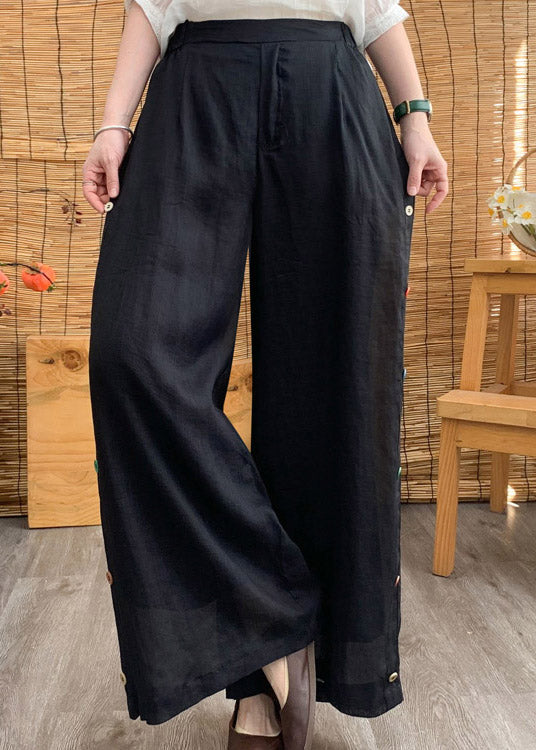 Black Elastic Waist Solid Linen Wide Leg Pants