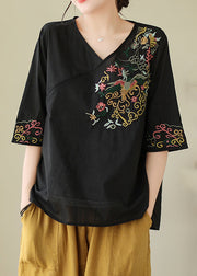 Black Embroidered Cotton Blouses V Neck Half Sleeve