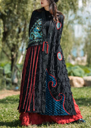 Black Embroidered Patchwork Cotton Long Waistcoat V Neck Spring