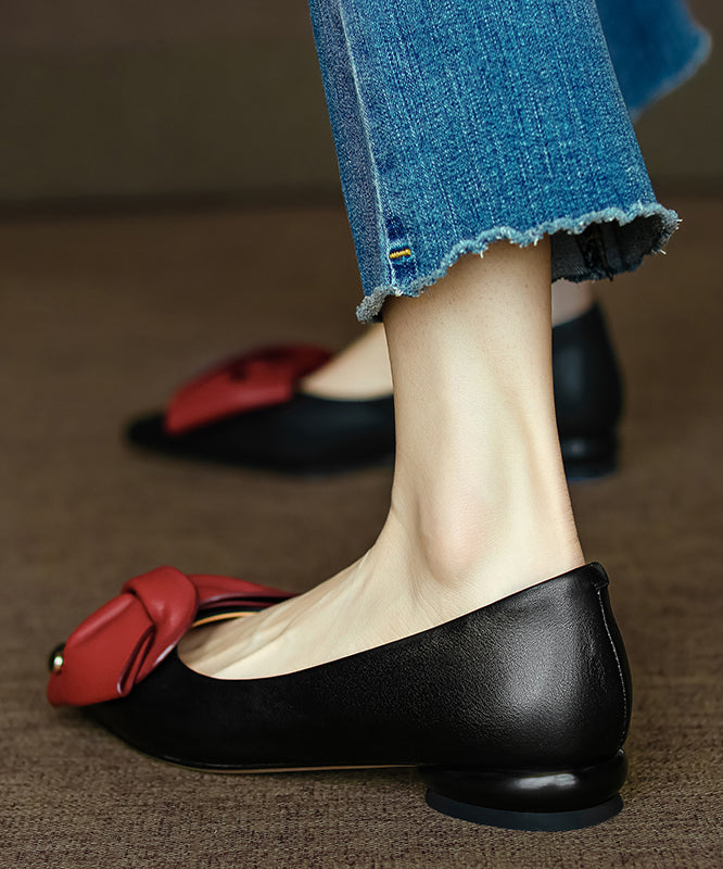 Black Flat Feet Shoes Cowhide Leather Fashion Pointed Toe Bow