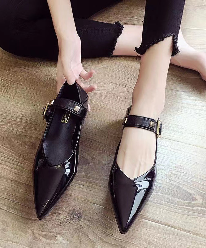 Black Flat Feet Shoes Faux Leather Women Splicing Buckle Strap