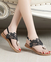 Black Flip Flops Sandals Cowhide Leather Zircon Bohemian