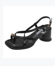 Black French Cross Strap Splicing Chunky Heel Sandals