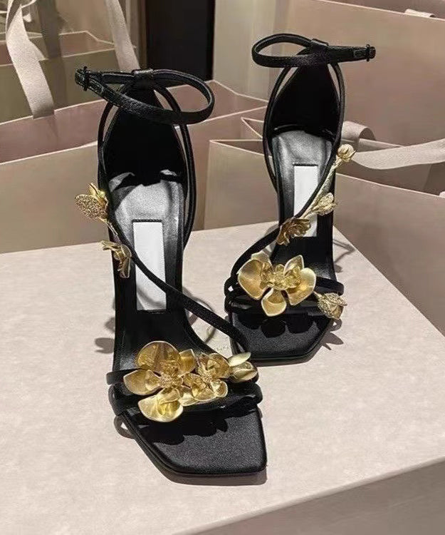 Black French Floral Decorated Splicing High Heel Sandals