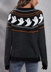 Black Ghost Cozy Patchwork Knit Sweaters O Neck Fall