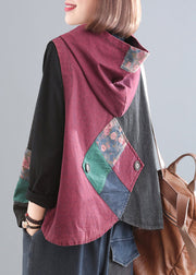 Black Grey Colour Patchwork Pockets Cotton Hooded Waistcoat Sleeveless