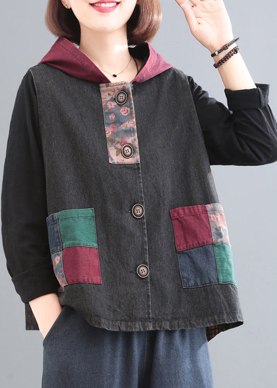 Black Grey Colour Patchwork Pockets Cotton Hooded Waistcoat Sleeveless