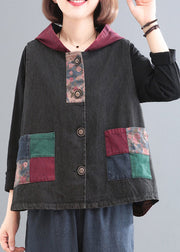 Black Grey Colour Patchwork Pockets Cotton Hooded Waistcoat Sleeveless