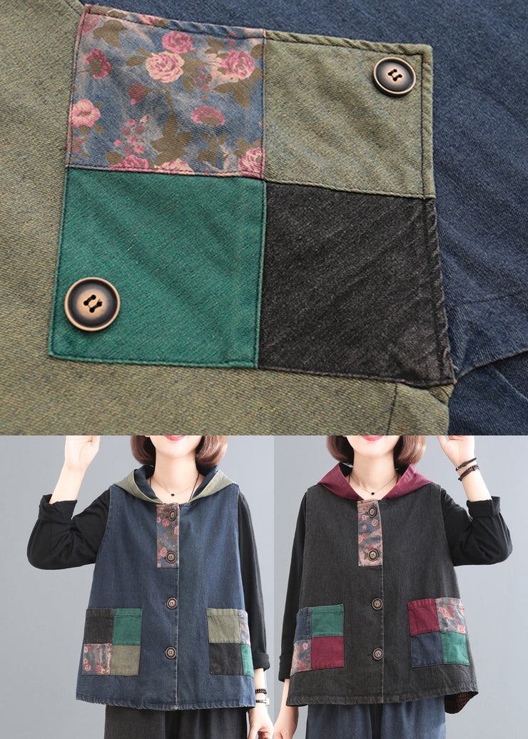 Black Grey Colour Patchwork Pockets Cotton Hooded Waistcoat Sleeveless