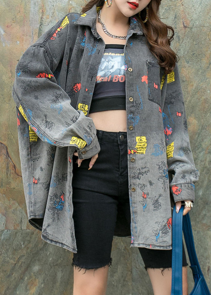 Black Grey Graphic Patchwork Denim Shirts Coat Peter Pan Collar Spring