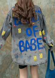 Black Grey Graphic Patchwork Denim Shirts Coat Peter Pan Collar Spring