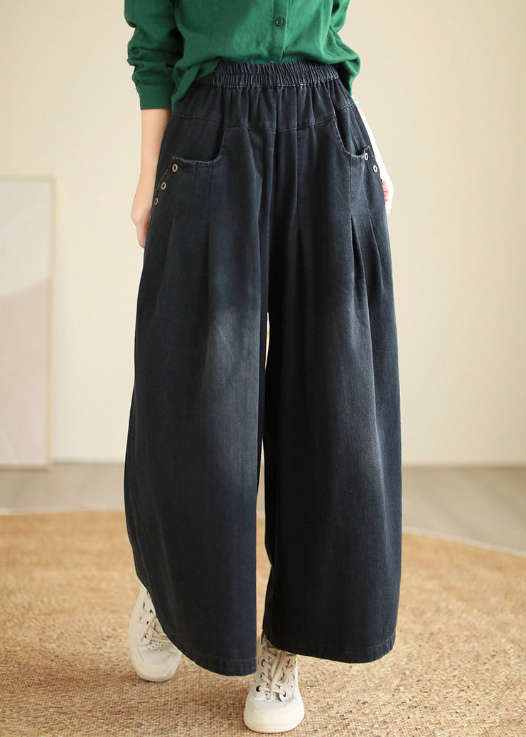 Black High Waist Pockets Denim Wide Leg Pants Pockets Fall