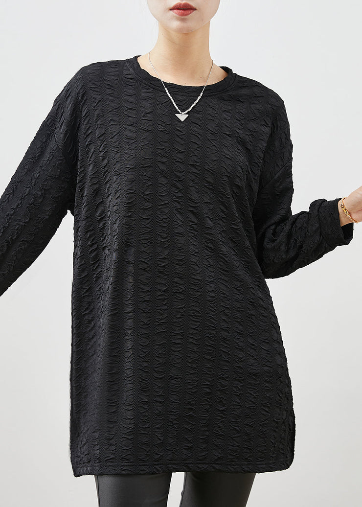 Black Jacquard Cotton Blouse Top Side Open Spring