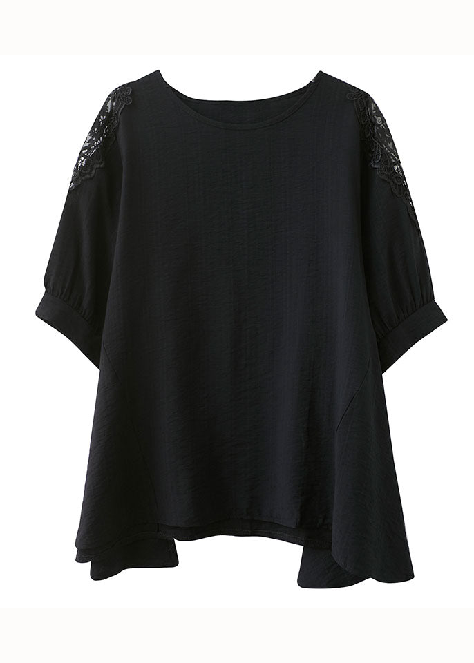 Black Lace Patchwork Cotton T Shirt Top Asymmetrical Summer