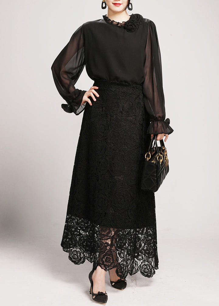 Black Lace Shirts And Maxi Skirts Two Pieces Set V Neck Long Sleeve