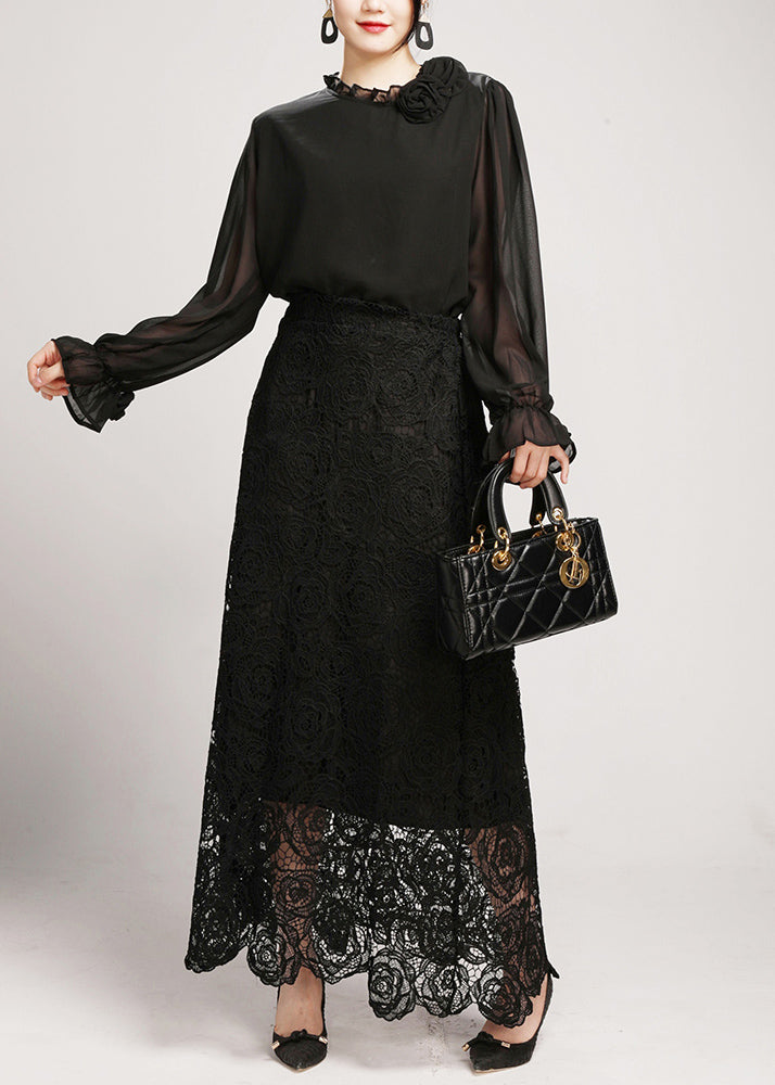 Black Lace Shirts And Maxi Skirts Two Pieces Set V Neck Long Sleeve