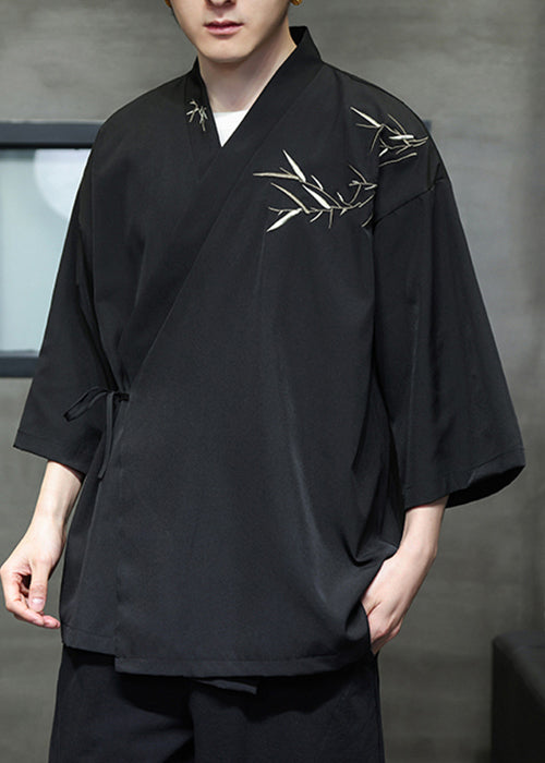 Black Lace Up Cotton Men Shirt V Neck Batwing Sleeve