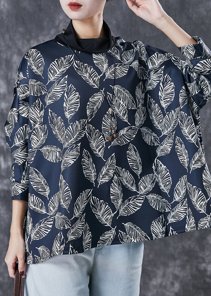 Black Leaf Print Spandex Sweatshirts Top Turtle Neck Spring