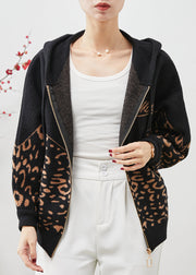 Black Leopard Print Woolen Jackets Hooded Spring