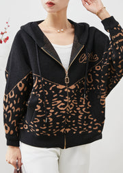 Black Leopard Print Woolen Jackets Hooded Spring