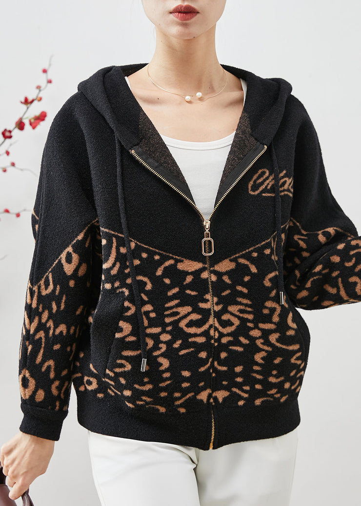 Black Leopard Print Woolen Jackets Hooded Spring