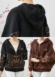 Black Leopard Print Woolen Jackets Hooded Spring