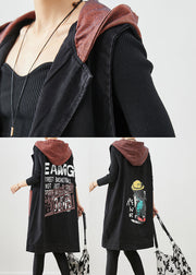 Black Letter Print Denim Long Vests Hooded Pockets Fall