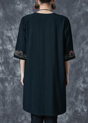 Black Linen Mid Dresses Embroidered Half Sleeve