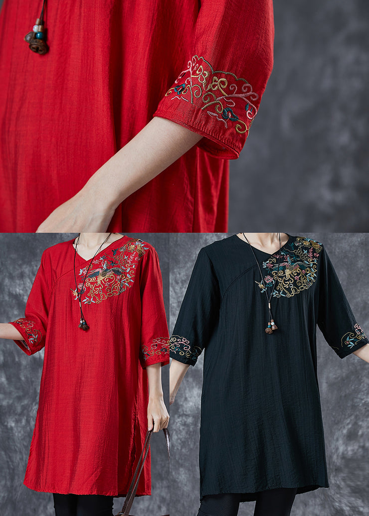 Black Linen Mid Dresses Embroidered Half Sleeve