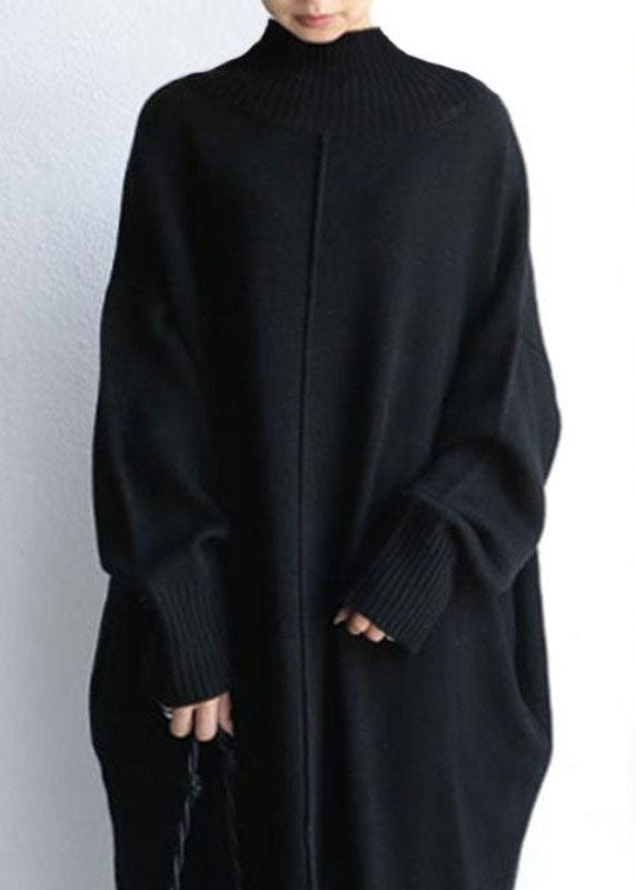 Black Long Knit Dress High Neck Oversized Spring