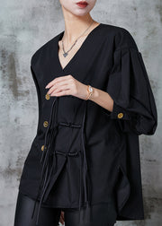 Black Loose Cotton Shirts Tasseled Chinese Button Spring