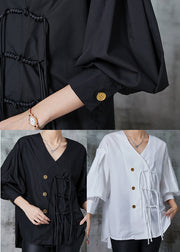 Black Loose Cotton Shirts Tasseled Chinese Button Spring