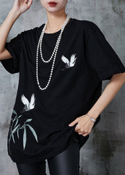 Black Loose Cotton Tank Tops Red-crowned Crane Print Summer