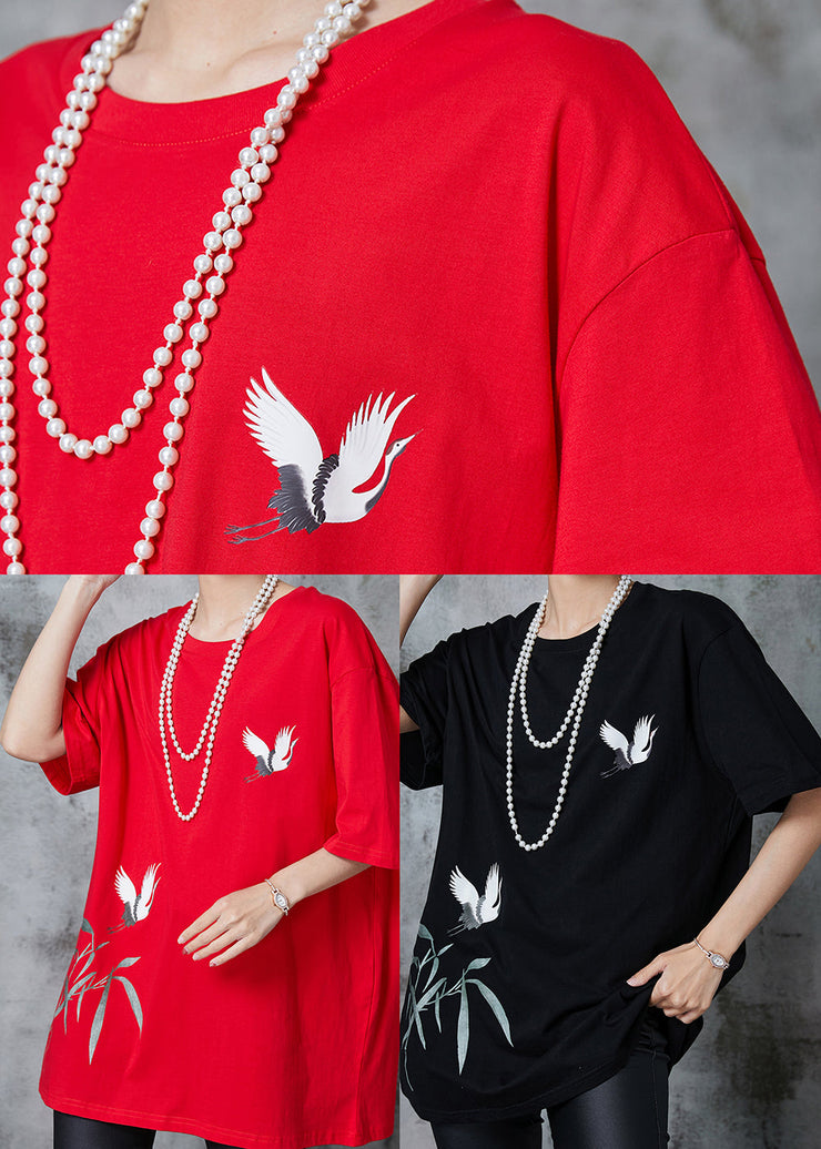 Black Loose Cotton Tank Tops Red-crowned Crane Print Summer