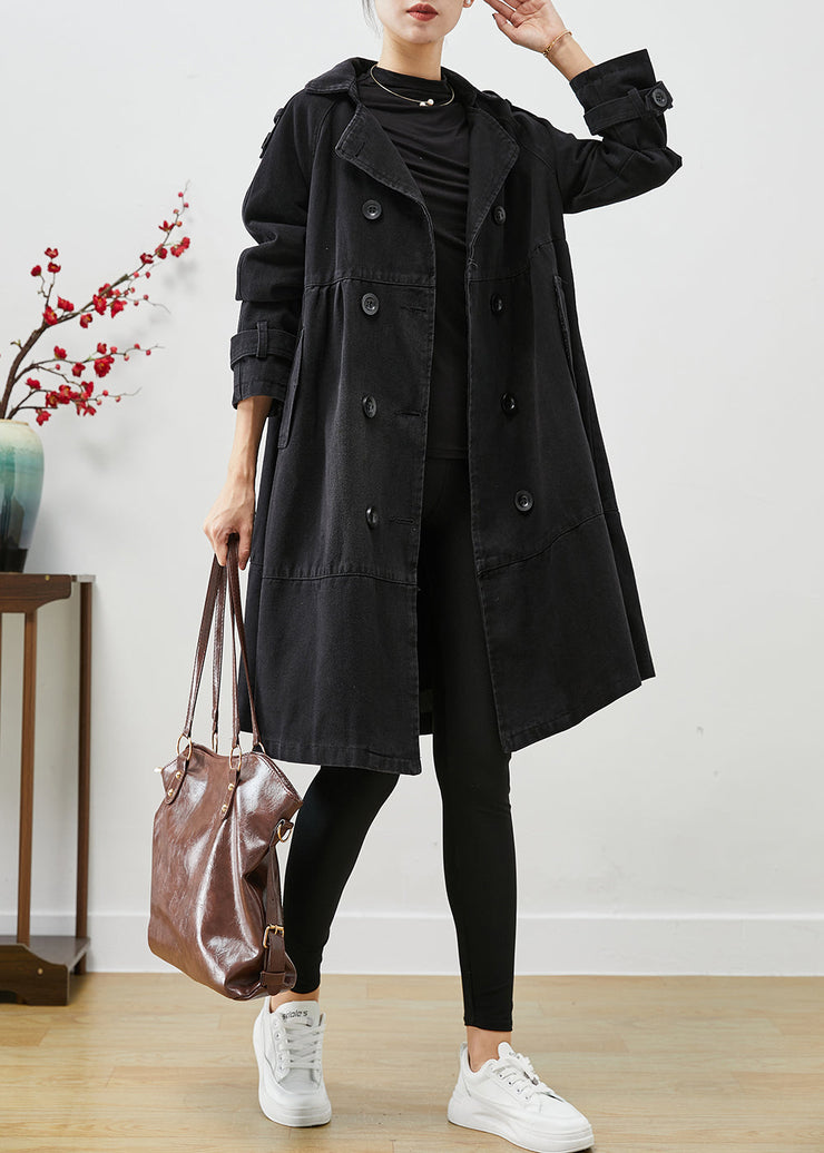 Black Loose Denim Coat Outwear Peter Pan Collar Double Breast Fall