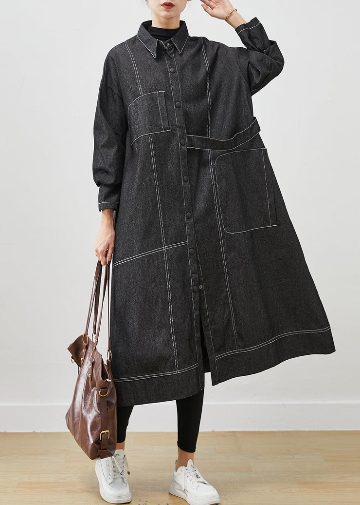 Black Loose Denim Trench Coat Oversized Pockets Spring