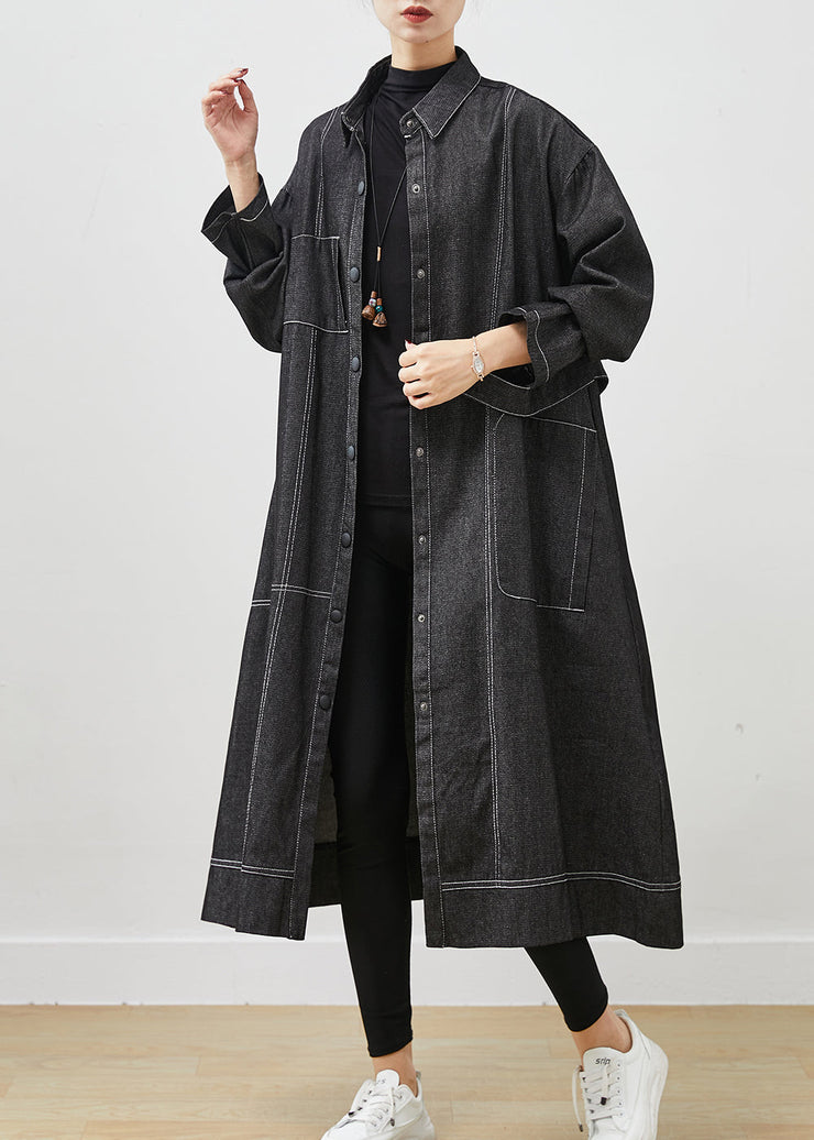 Black Loose Denim Trench Coat Oversized Pockets Spring