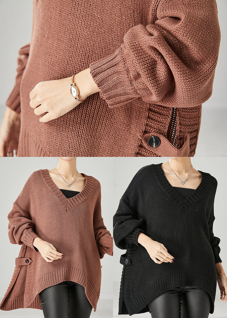 Black Loose Knit Sweaters V Neck Side Open Spring