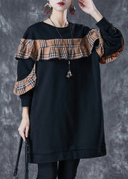 Black Loose Patchwork Cotton Sweatshirt Dress Ruffled Fall