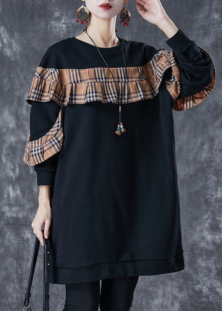 Black Loose Patchwork Cotton Sweatshirt Dress Ruffled Fall