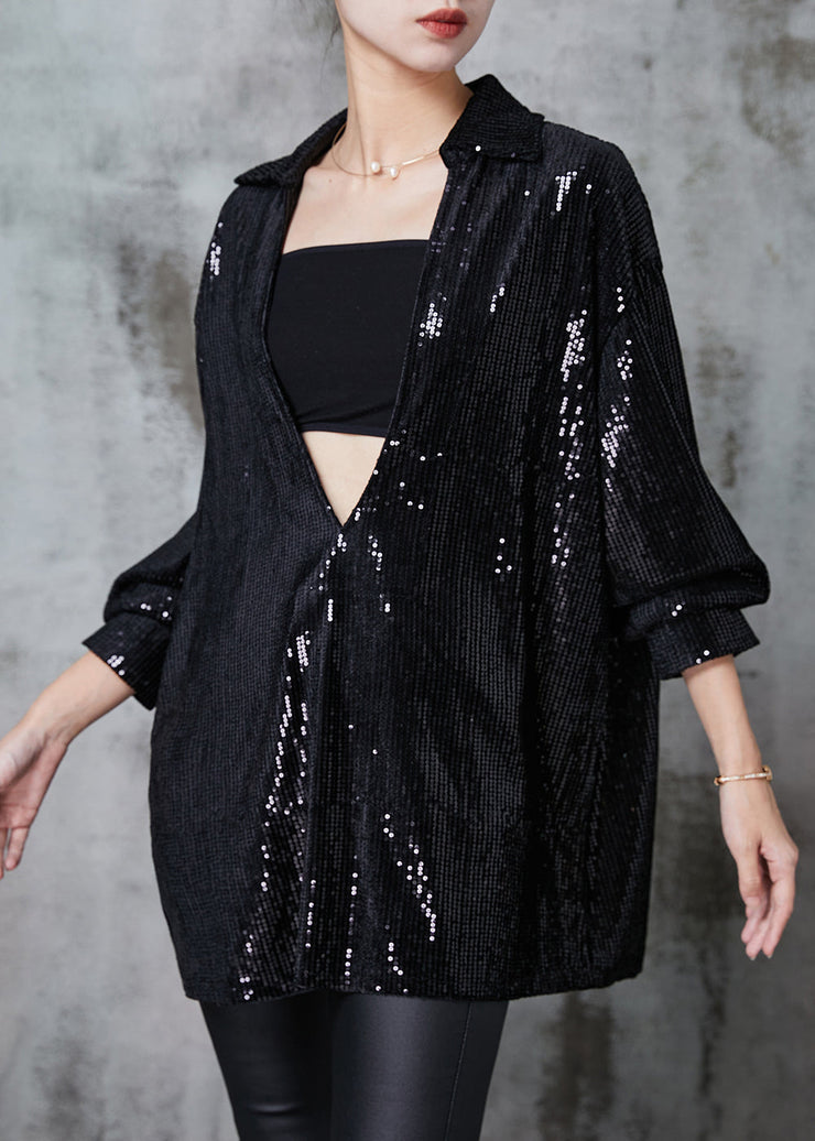 Black Loose Sequins Shirt Top Deep V-neck Spring