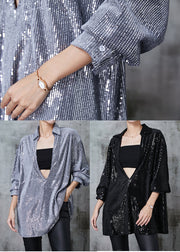 Black Loose Sequins Shirt Top Deep V-neck Spring