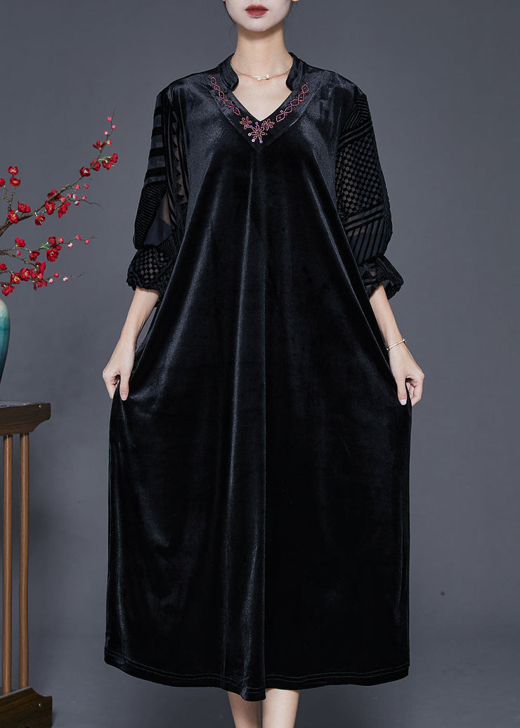 Black Loose Silk Velour Dress V Neck Embroidered Fall