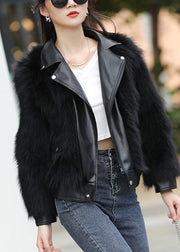 Black Notched Zippered Leather And Fur Coats Winter