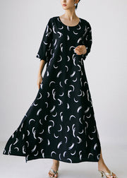 Black O-Neck Bow Tie Waist Silk Maxi Dress Long Sleev