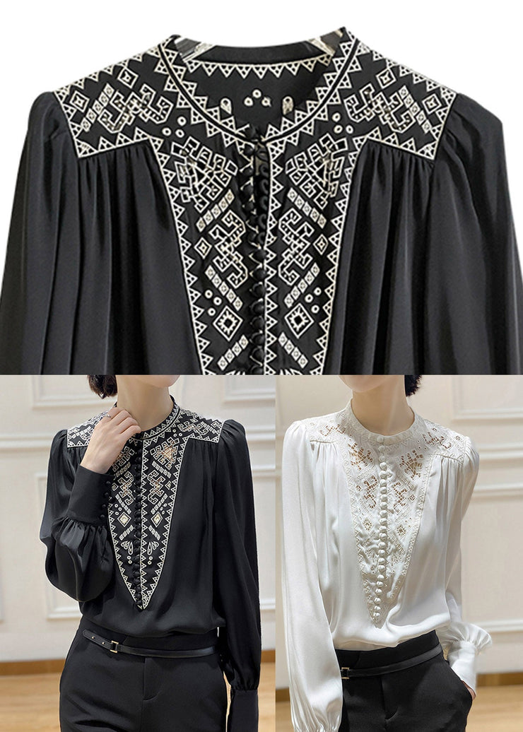 Black O-Neck Hollow Out Button Silk Shirt Long Sleeve