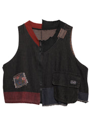 Black O-Neck Print Pockets Denim Waistcoat Sleeveless