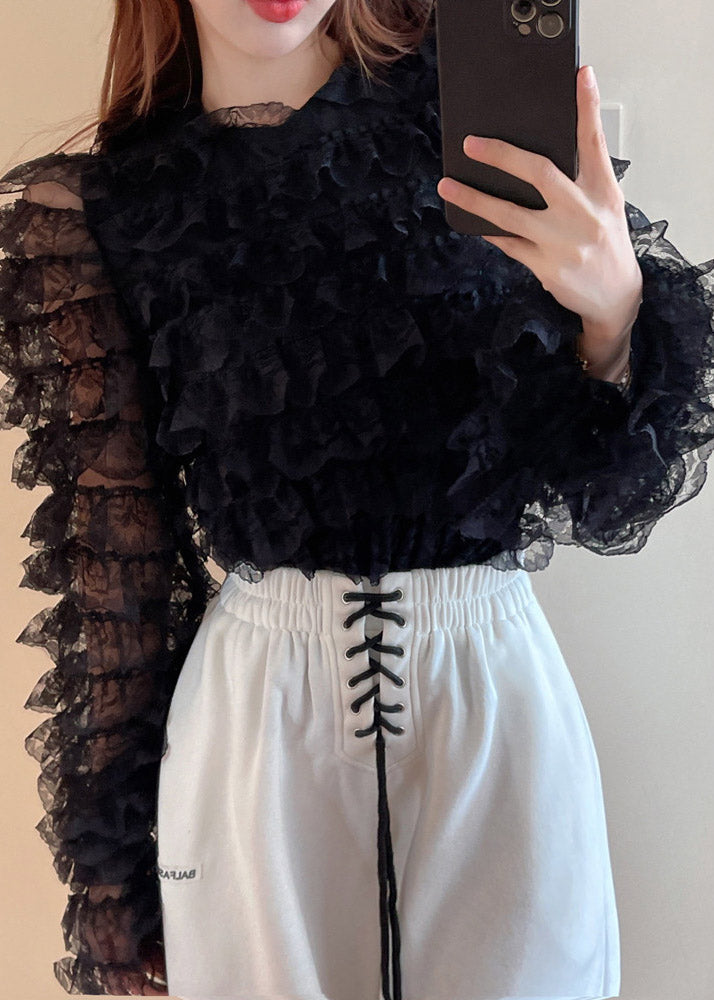 Black O-Neck Ruffled Lace Top Long Sleeve