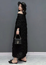 Black O-Neck Wave Silk Long Dress Half Sleeve