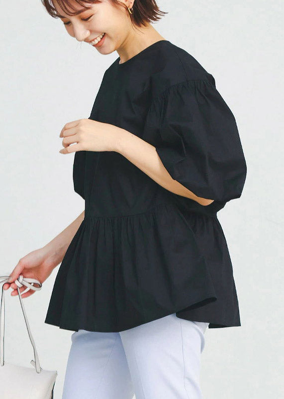 Black O-Neck Wrinkled Cotton Shirt Puff Sleeve